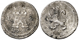 1796. Carlos IV. Lima. 1/4 de real. (AC. 107). Leves oxidaciones. Ex Colección de cuartillos, Áureo 17/12/2002, nº 1246. Escasa. 0,72 g. MBC-.