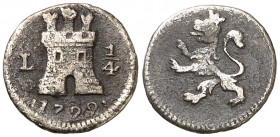 1799. Carlos IV. Lima. 1/4 de real. (AC. 110). Oxidaciones. Escasa. 0,75 g. (BC+).