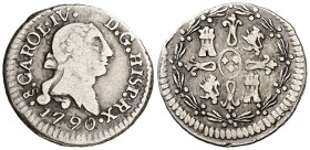 1790. Carlos IV. Santiago. 1/4 de real. (AC. 181). Busto de Carlos III. Ordinal IV. Rara. 0,81 g. MBC-.