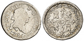 1791/0. Carlos IV. Santiago. 1/4 de real. (AC. 182). Busto de Carlos III. Ordinal IV. Golpe. Rara. 0,82 g. BC+.