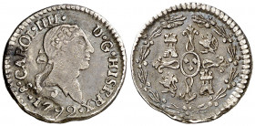 1792. Carlos IV. Santiago. 1/4 de real. (AC. 185). Ligero defecto de cospel. Busto de Carlos III. Ordinal IIII. Rara. 0,75 g. MBC-/MBC.