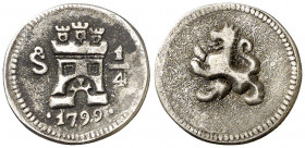 1799. Carlos IV. Santiago. 1/4 de real. (Barrera falta). Falsa de época muy curiosa. 1 g. (MBC-).