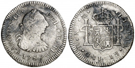 1789. Carlos IV. Guatemala. M. 1/2 de real. (AC. 206). Oxidaciones. Rayitas. Busto de Carlos III. Ordinal IV. Rara. 1,58 g. (BC+/MBC-).