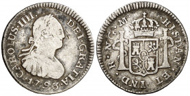 1793. Carlos IV. Guatemala. M. 1/2 de real. (AC. 210). Segundo busto propio. Rara, sólo hemos tenido dos ejemplares. 1,64 g. (BC+/MBC-).