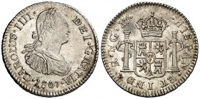 1807. Carlos IV. Guatemala. M. 1/2 de real. (AC. 225). Bella. Parte de brillo original. Escasa así. 1,71 g. EBC.