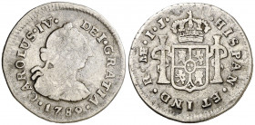 1789. Carlos IV. Lima. IJ. 1/2 de real. (AC. 226). Busto de Carlos III. Ordinal IV. Escasa. 1,54 g. BC-/BC.