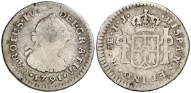 1791. Carlos IV. Lima. IJ. 1/2 de real. (AC. 228). Busto de Carlos III. Ordinal IV. Ex Áureo 16/10/1996, nº 2483. Escasa. 1,42 g. BC-/BC.