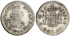 1791. Carlos IV. Lima. IJ. 1/2 de real. (AC. 229). Primer busto propio. Rayitas. Rara. 1,63 g. MBC-/MBC.