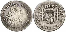 1792. Carlos IV. Lima. IJ. 1/2 de real. (AC. 230). Segundo busto propio. Escasa. 1,62 g. MBC-.