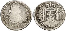 1793. Carlos IV. Lima. IJ. 1/2 de real. (AC. 231). Segundo busto propio. Escasa. 1,58 g. BC/BC+.