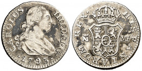 1793. Carlos IV. Madrid. MF. 1/2 real. (AC. 254). Ex Áureo 17/09/1996, nº 800. 1,43 g. MBC.