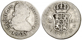 1803. Carlos IV. Madrid. FA. 1/2 real. (AC. 265). 1,30 g. BC.