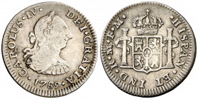 1789. Carlos IV. México. FM. 1/2 real. (AC. 271). Busto de Carlos III. Ordinal IV. Ex Áureo 16/10/1996, nº 2488. Escasa. 1,72 g. BC+/MBC-.