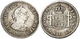 1790. Carlos IV. México. FM. 1/2 real. (AC. 272). Busto de Carlos III. Ordinal IV. Ex Áureo 29/09/1998, nº 1682. Escasa. 1,65 g. MBC-/MBC.