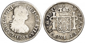 1803. Carlos IV. México. FT. 1/2 real. (AC. 289). Rayitas. 1,58 g. BC/BC+.