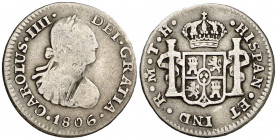 1806. Carlos IV. México. TH. 1/2 real. (AC. 292). Raya en anverso. 1,64 g. (BC/MBC-).