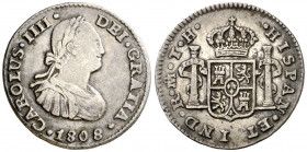 1808. Carlos IV. México. TH. 1/2 real. (AC. 296). Ex Áureo 16/10/1996, nº 2492. 1,65 g. MBC.