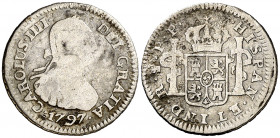 1797. Carlos IV. Potosí. PR. 1/2 real. (AC. 307). 1,62 g. BC-.