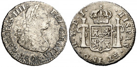 1808. Carlos IV. Potosí. PJ. 1/2 real. (AC. 319). Manchitas. 1,71 g. MBC-/MBC.