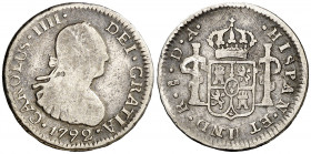 1792. Carlos IV. Santiago. DA. 1/2 real. (AC. 333). Busto propio. Escasa. 1,61 g. (RC/BC-).