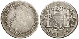 1794. Carlos IV. Santiago. DA. 1/2 real. (AC. 336). Rayitas. 1,64 g. BC-/BC.
