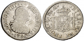 1796. Carlos IV. Santiago. DA. 1/2 real. (AC. 342). Rara. 1,61 g. BC-/BC.