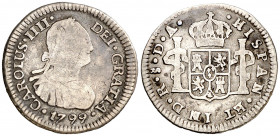 1799. Carlos IV. Santiago. DA. 1/2 real. (AC. 346). Escasa. 1,58 g. BC/BC+.