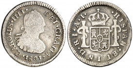 1801. Carlos IV. Santiago. AJ. 1/2 real. (AC. 348). Escasa. 1,62 g. BC-/BC.