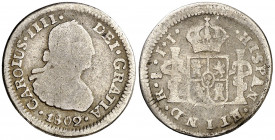1802. Carlos IV. Santiago. JJ. 1/2 real. (AC. 349). Escasa. 1,46 g. BC-.