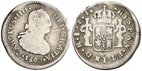 1803. Carlos IV. Santiago. FJ. 1/2 real. (AC. 350). Escasa. 1,48 g. BC-/BC.