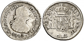 1807. Carlos IV. Santiago. FJ. 1/2 real. (AC. 356). Rayitas. Escasa. 1,65 g. BC-/BC.