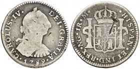 1789. Carlos IV. Guatemala. M. 1 real. (AC. 362). Busto de Carlos III. Ordinal IV. Incisiones. Rara. 3,24 g. (BC-).