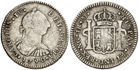 1790/89. Carlos IV. Guatemala. M. 1 real. (AC. 364). Busto de Carlos III. Ordinal IV. Rara. 3,31 g. BC/BC+.