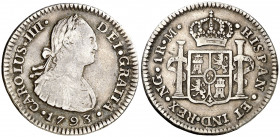 1793. Carlos IV. Guatemala. M. 1 real. (AC. 369). Segundo busto propio. Ex Áureo 04/03/1998, nº 3436. Rara, sólo hemos tenido otros dos ejemplares. 3,...