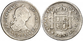 1790. Carlos IV. Lima. IJ. 1 real. (AC. 386). Busto de Carlos III. Ordinal IV. Ex Áureo 21/05/1996, nº 839. Escasa. 3,25 g. MBC-/MBC.