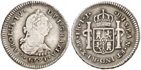 1791. Carlos IV. Lima. IJ. 1 real. (AC. 387). Busto de Carlos III. Ordinal IV. Golpecitos. Ex Áureo 21/05/1996, nº 840. Escasa. 3,20 g. MBC.