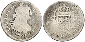 1791. Carlos IV. Lima. IJ. 1 real. (AC. 388). Primer busto propio. Rara. 3,04 g. BC-.