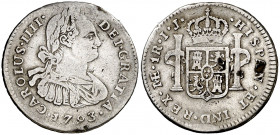 1793. Carlos IV. Lima. IJ. 1 real. (AC. 391). Manchitas. Algo alabeada. Escasa. 3,29 g. (MBC-).
