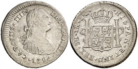 1794. Carlos IV. Lima. IJ. 1 real. (AC. 393). 3,09 g. BC+/MBC-.