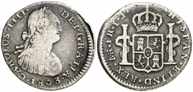 1803. Carlos IV. Lima. IJ. 1 real. (AC. 402). Rayitas. 3,22 g. (BC+/MBC-).