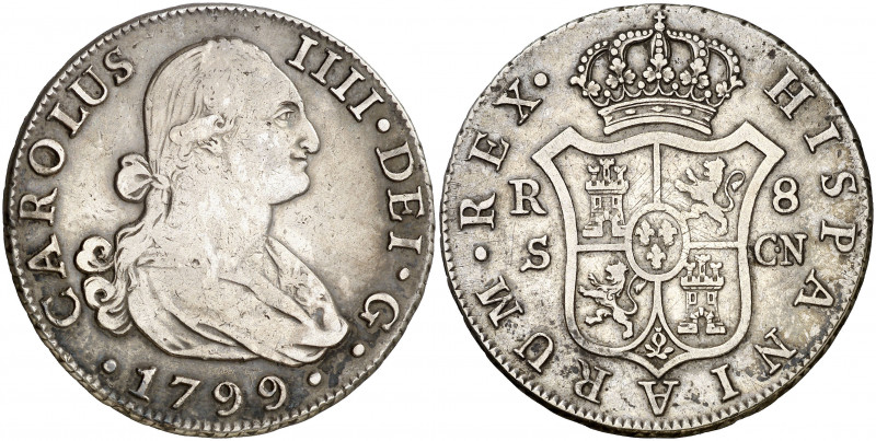 1799. Carlos IV. Sevilla. CN. 8 reales. (AC. 1061). Rayitas. Muy rara, sólo hemo...