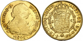 1806. Carlos IV. Santiago. FJ. 8 escudos. (AC. 1778) (Cal.Onza 1181). Hojitas en anverso. Acuñación muy fuerte. Precioso color. Brillo original. 26,92...