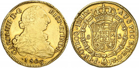 1806. Carlos IV. Santiago. JF. 8 escudos. (AC. 1779) (Cal.Onza 1182). Golpecitos. Bonito color. Escasa. 26,64 g. MBC/MBC+.