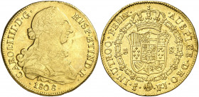 1808. Carlos IV. Santiago. FJ. 8 escudos. (AC. 1782) (Cal.Onza 1185). Mínimas hojitas. Bonito color. Parte de brillo original. 26,84 g. MBC/EBC-.