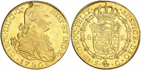 1790. Carlos IV. Sevilla. C. 8 escudos. (AC. 1783) (Cal.Onza 1186). Parte de brillo original. Hojita y golpecito, pero ejemplar atractivo. Ex Áureo 17...