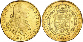 1791. Carlos IV. Sevilla. C. 8 escudos. (AC. 1784) (Cal.Onza 1187). Hojitas en anverso. Precioso color. Brillo original. Rarísima, sólo hemos tenido c...