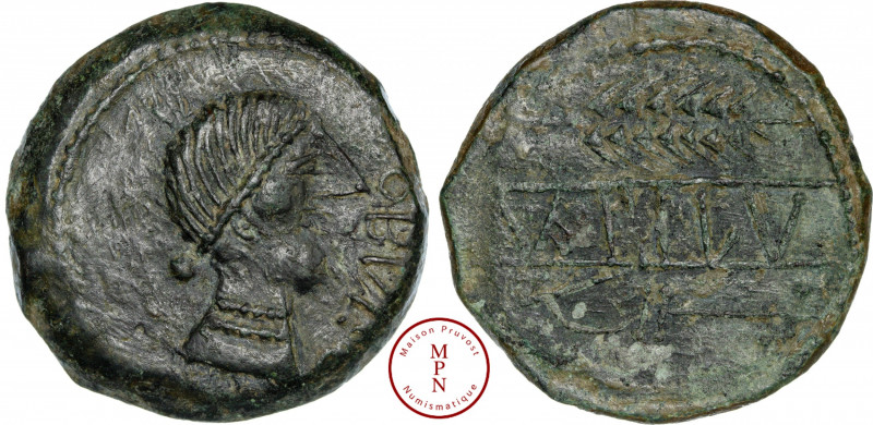 Hispania, Obulco, Bronze, 130-100 avant J.-C., Av. OBVLCO, Tête à droite avec un...