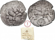 Redones, Statère de billon, classe IV, Fin de la première moitié du Ier siècle avant J.-C., Av. Tête laurée à droite, Rv. Cheval androcéphale à droite...