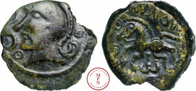 Pagus Catuslugi, Sanctuaire de Bois l'Abbé, Seine-Maritime, Bronze VIIRICIVS, Classe II, 50-40 avant J.-C., Av. Tête à gauche avec les cheveux bouclés...