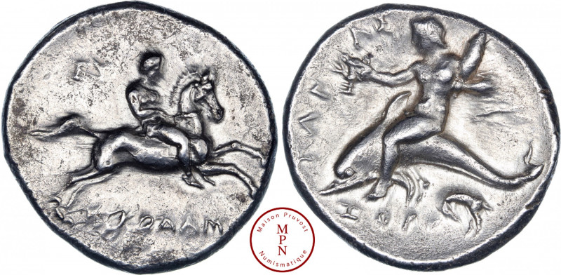 Calabre, Tarente, Nomos, 281-270 avant J.-C., Av. NIKOΔAMOΣ, Cavalier à droite t...